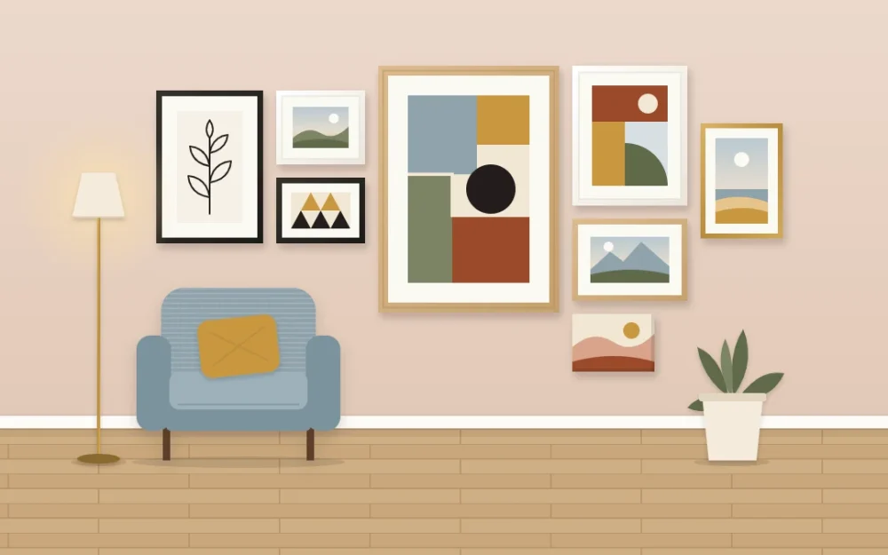 Art gallery wall of eight pieces including abstract paintings, a botanical line drawing and a small unframed canvas beside an armchair and floor lamp