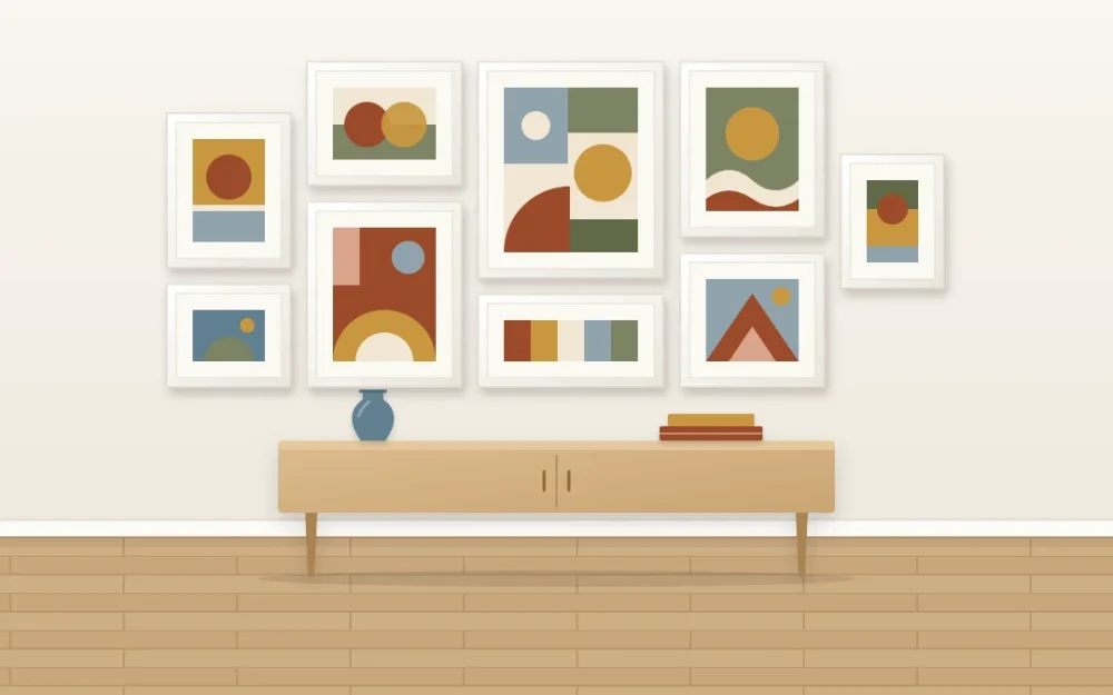 White wall with nine white-framed bold abstract pieces in clay red, ochre, dusty blue and olive above an oak console with a blue vase