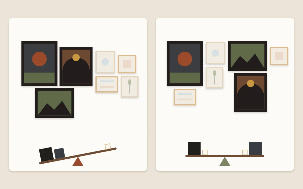 Two panels of seven frames: large dark pieces crowded on one side, then spread apart with small pale frames between