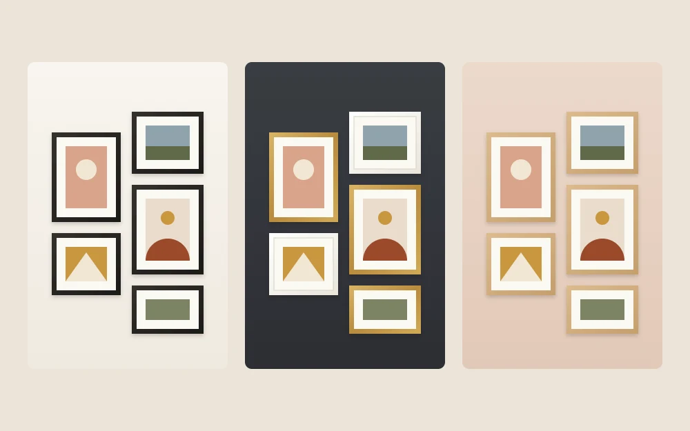 The same five-frame arrangement on three walls: black frames on white, brass and white frames on charcoal, and oak frames on a clay wall