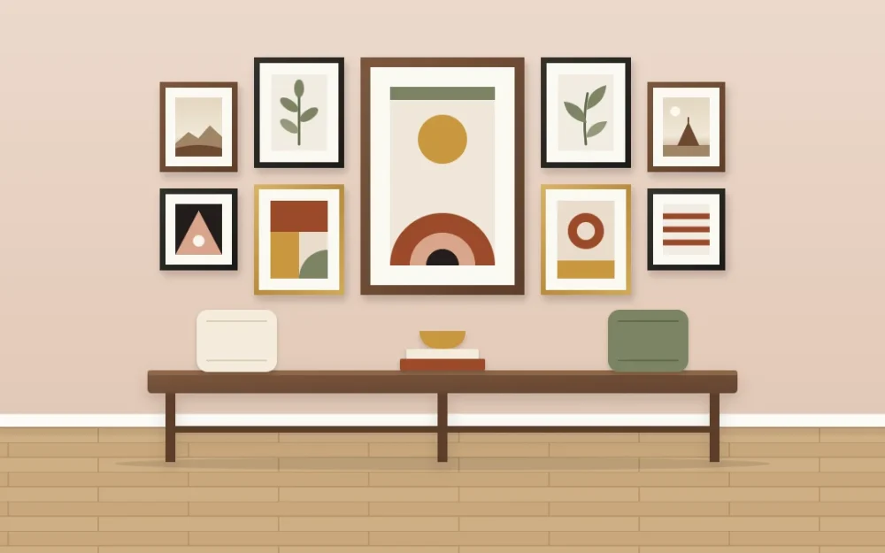 A symmetrical cluster of nine frames on a pale clay wall above a long low bench, one large central piece flanked by mirrored columns