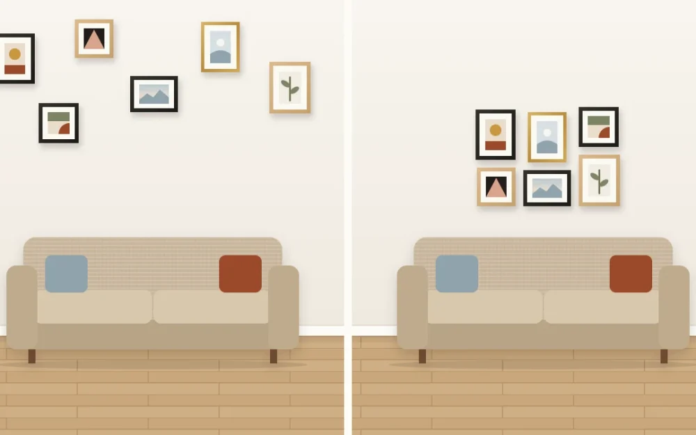 The same sofa wall shown twice: six small frames scattered high and far apart, then the same frames grouped closely just above the sofa