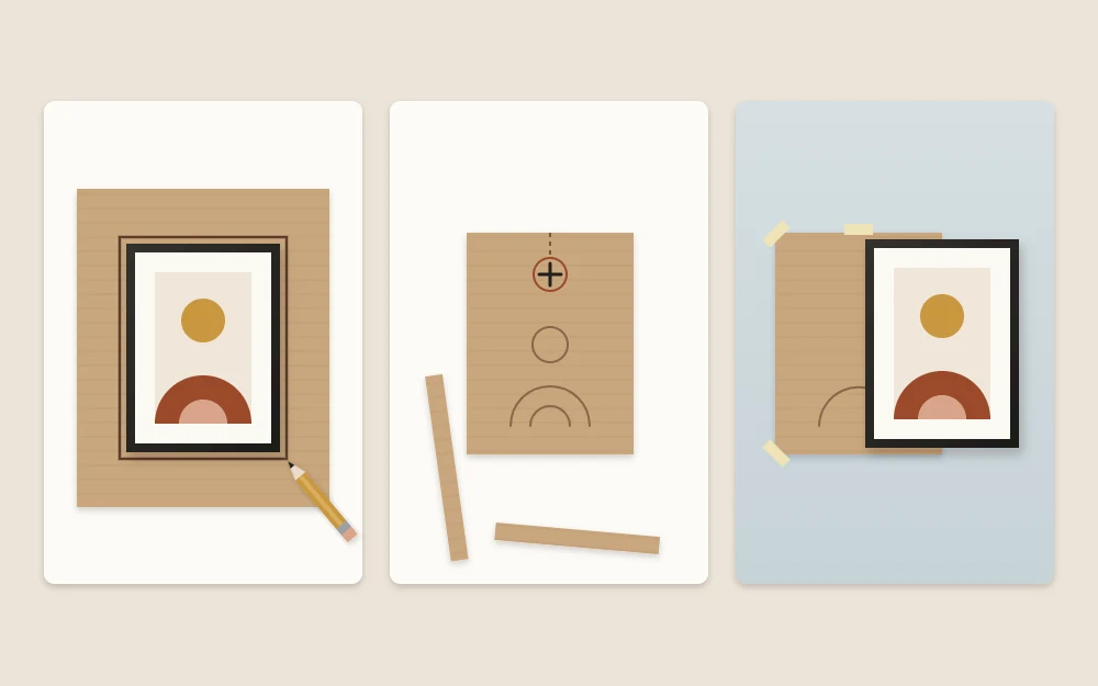Three tiles: a frame traced on paper, a cut paper rectangle with a small cross near the top, and the paper taped to a wall behind a frame