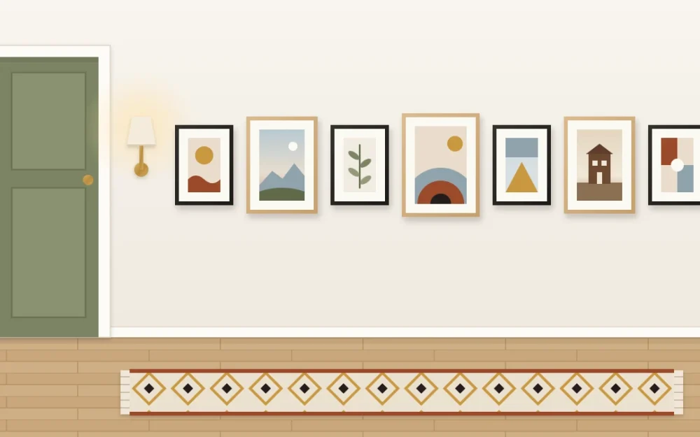 Long hallway wall with a single row of seven slim-framed pictures on one center line above a patterned runner rug