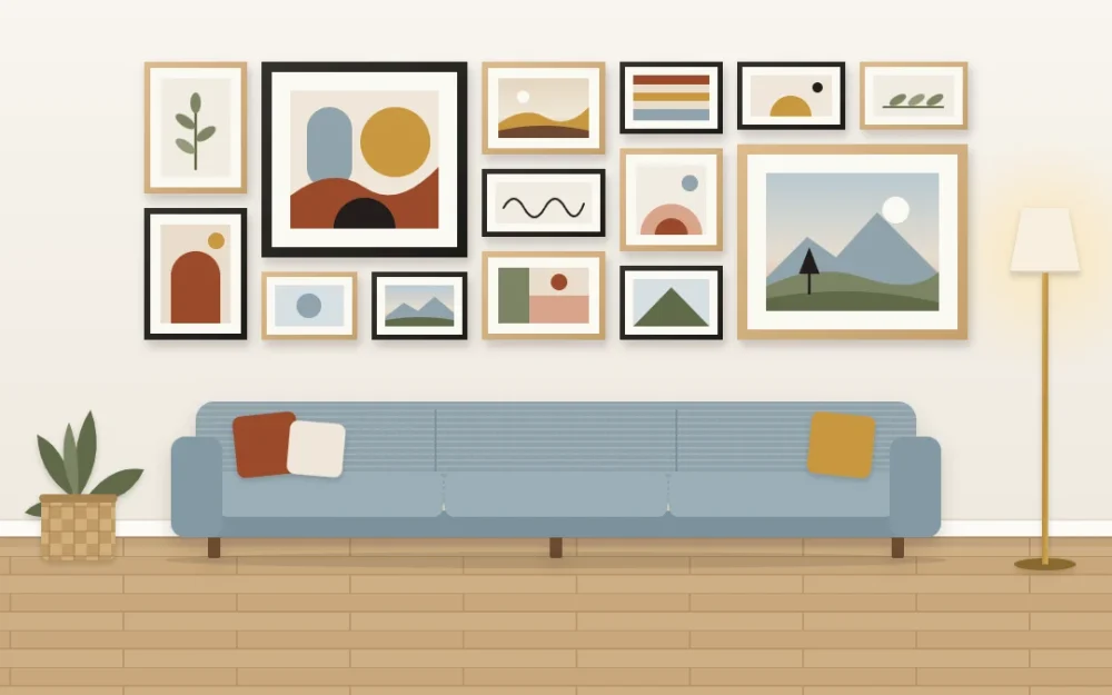 Long wall above a three-seat sofa with fourteen frames arranged as one wide rectangle, two large anchor pieces and a floor lamp at one end