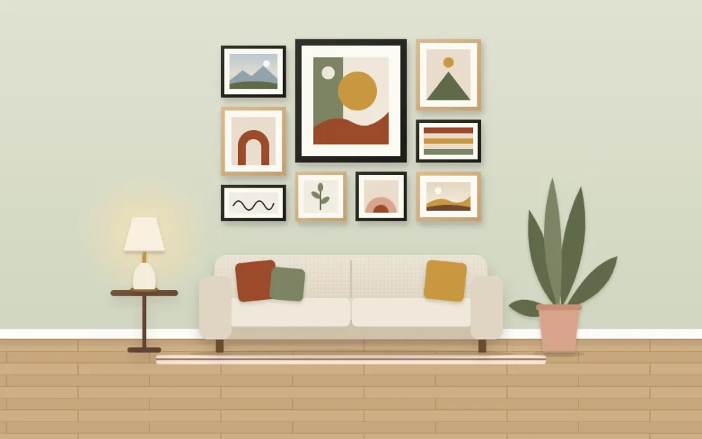 Nine black and oak frames centered above an oatmeal linen two-seat sofa, with a lamp table on the left and a tall plant on the right