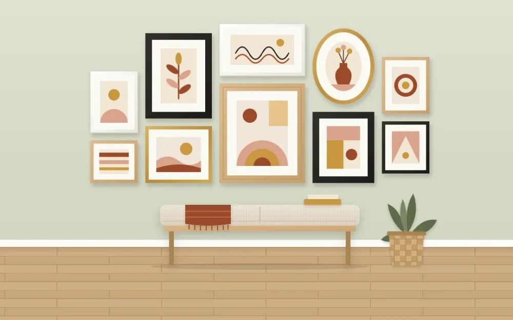 Ten frames in black, oak, brass and white with slim and chunky profiles and one oval, holding warm-toned art above a small upholstered bench