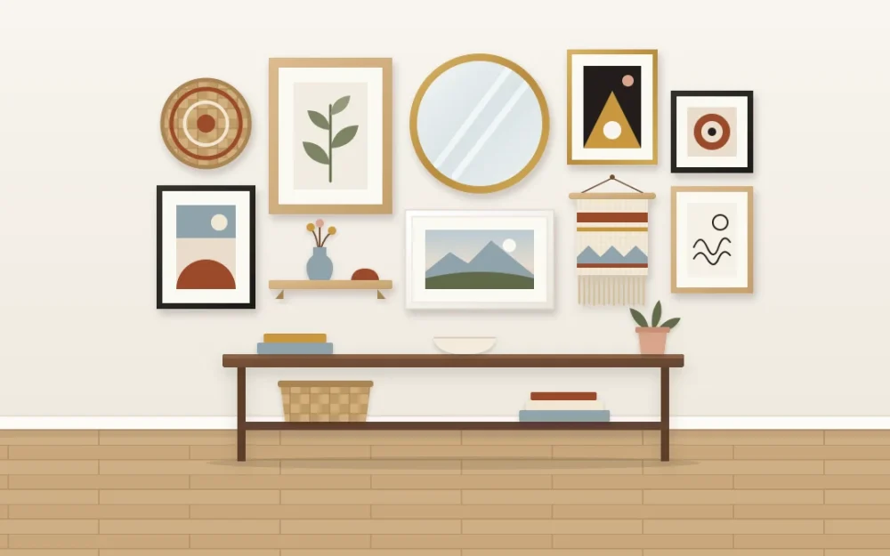 Gallery wall mixing six framed pieces with a round mirror, a flat woven basket, a fringed textile hanging and a short oak shelf above a console