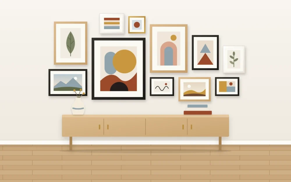 Loose organic cluster of eleven frames in different sizes around one large off-center abstract piece above an oak sideboard