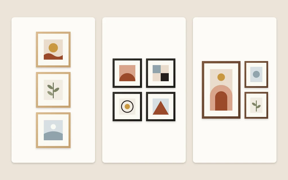 Three narrow walls showing a vertical stack of three frames, a tight block of four square frames, and one medium frame beside two small ones