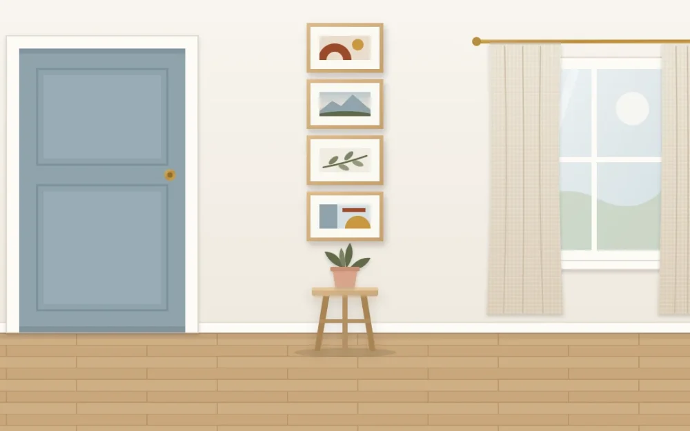 Narrow strip of wall between a door frame and a curtained window with a vertical stack of four small oak frames above a stool with a plant