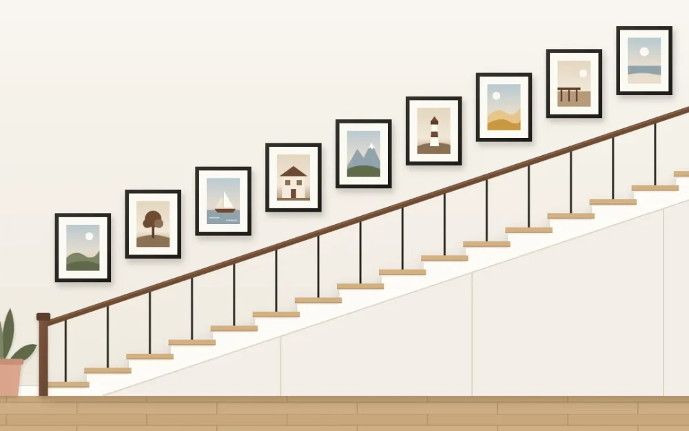 Side view of a staircase with oak treads and a slim handrail, with nine black-framed photos climbing the wall parallel to the stairs