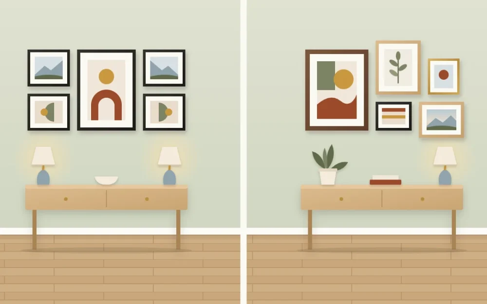 Split scene on a sage wall: five mirrored frames above a console with two lamps, and five mixed frames balanced above a console with one lamp