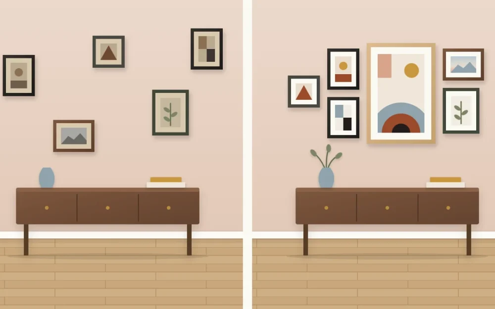 Split scene of a wall above a sideboard: five sparse small dark frames on the left, the same frames regrouped tightly around a large new piece on the right